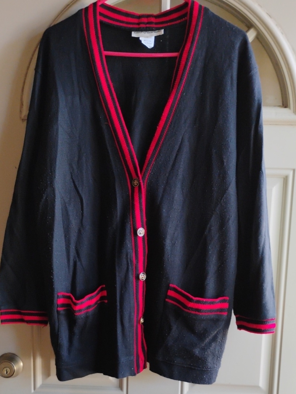 Cathy Daniels Black Cardigan with Red Stripe Trim